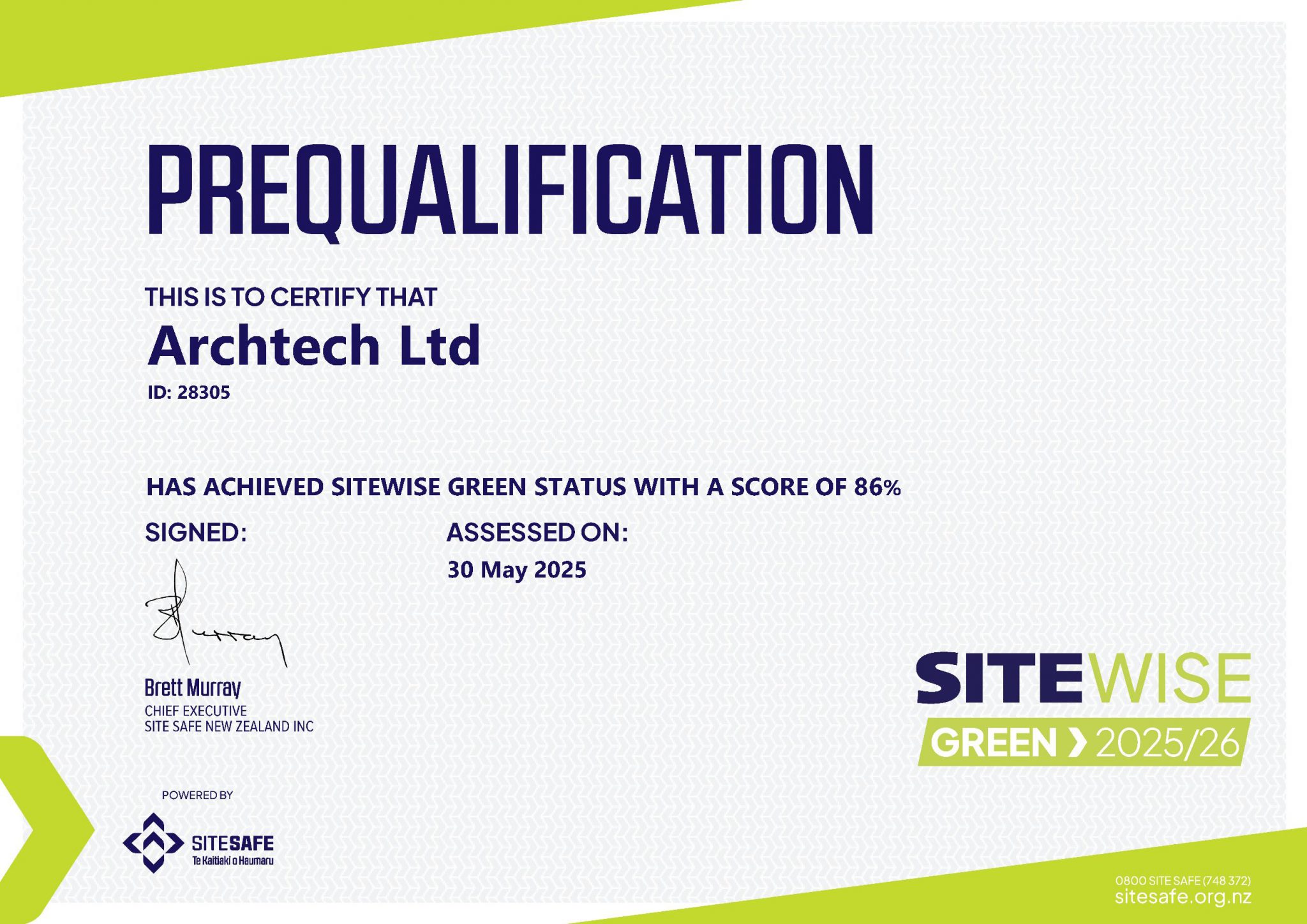 SiteWise Green prequalification certificate for Archtech Ltd showing 86% score achievement dated May 30, 2025